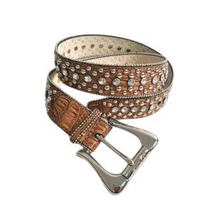 Vtg Y2K Guess Brown Snake Embossed Rhinestone Studded Western Belt Size XL 93804
